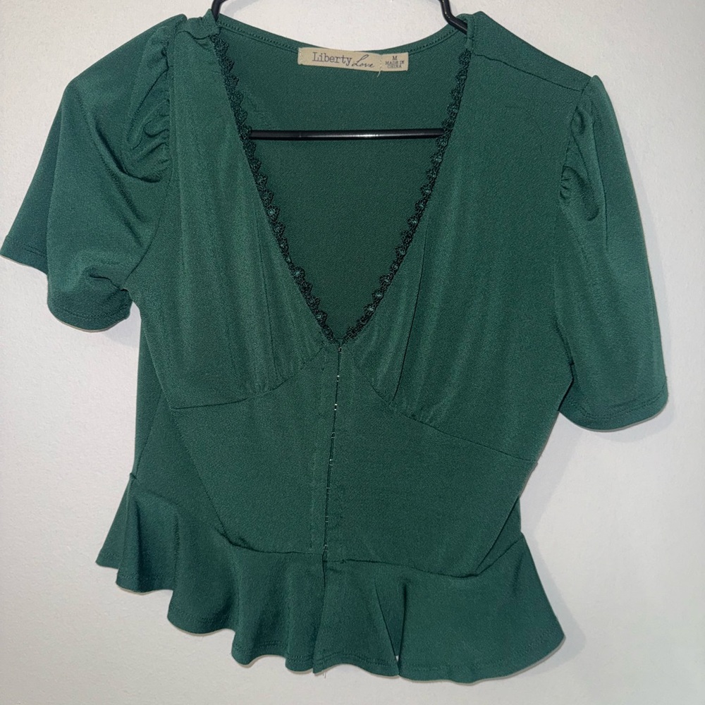 Liberty Love Green Puff Sleeve Peplum Blouse